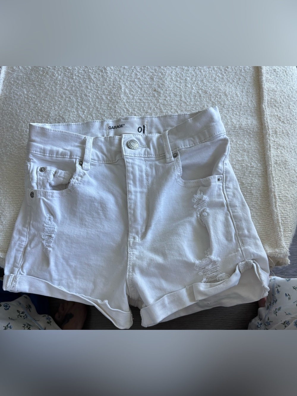 Garage White High-Rise Distressed Roll-Cuff Denim Shorts